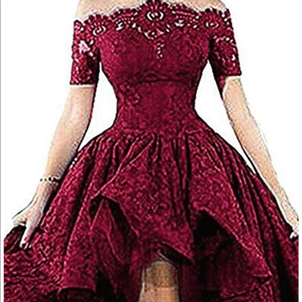 Gorgeous wine lace high low formal dress.